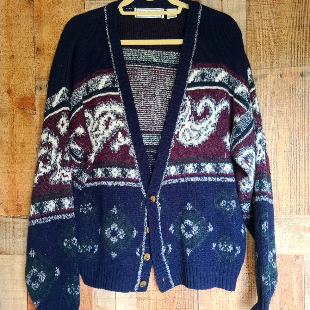Vintage Navy & Maroon Abstract Geometric Cardigan